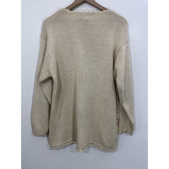 Vtg Hand Knit Chunky Ramie Floral Embroidery Grandma Garden Cottagecore Sweater - Picture 2 of 11